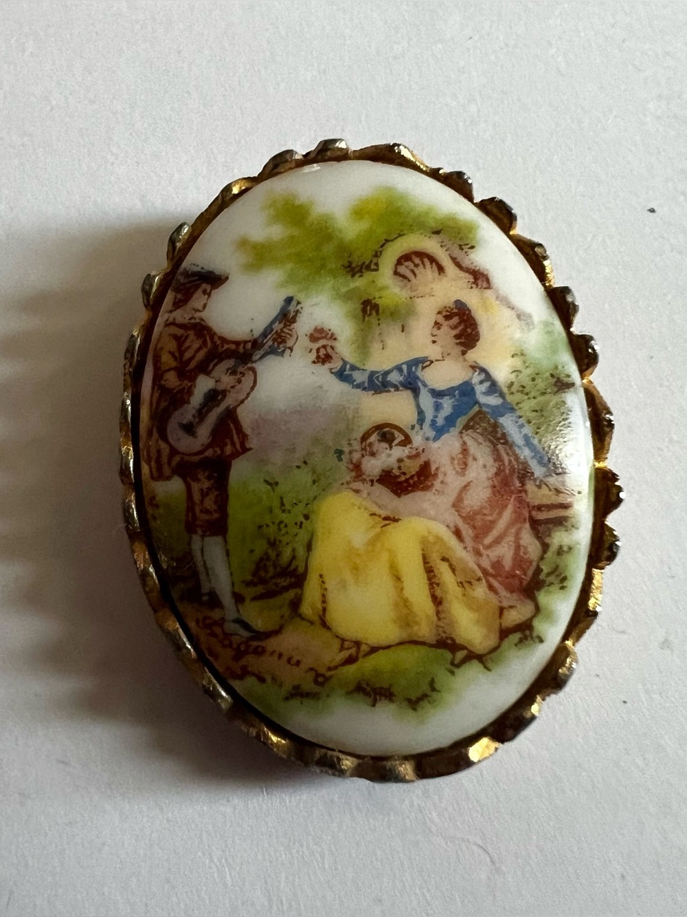 VTG Painted French Porcelain Courting Couple Signed Brooch Pin Or Necklace Clip
